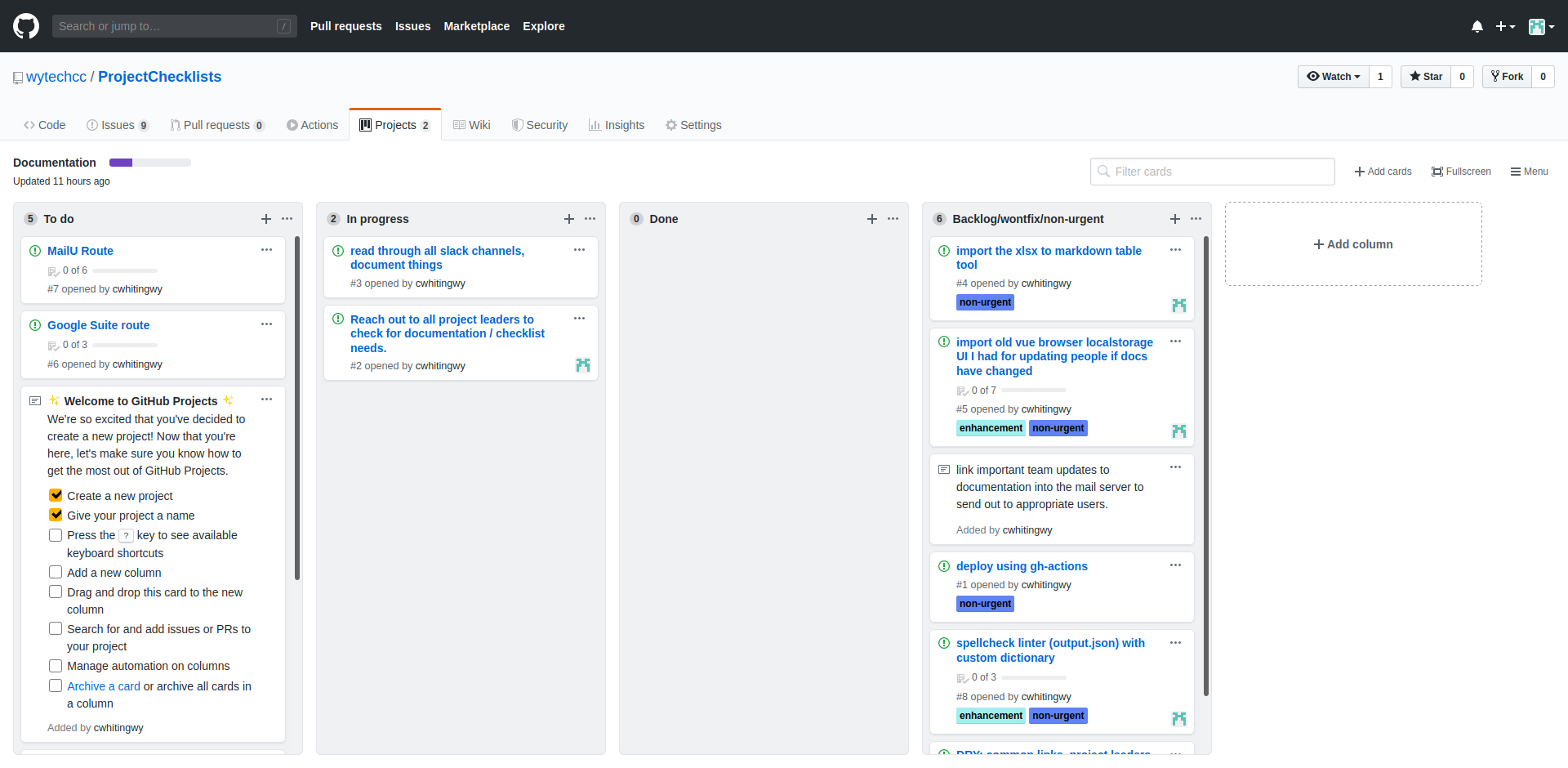 Picture of the GitHub KanBan boards